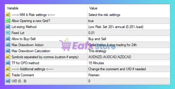 Firemen EA MT4 Settings Panel