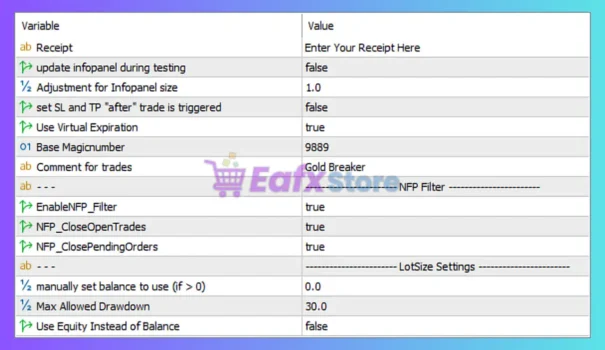 Gold Breaker EA MT5 Settings Panel