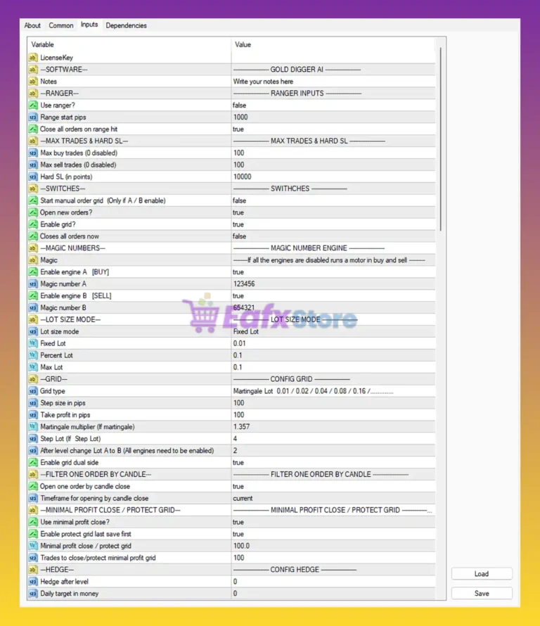 Gold Digger AI EA MT4 Settings Panel