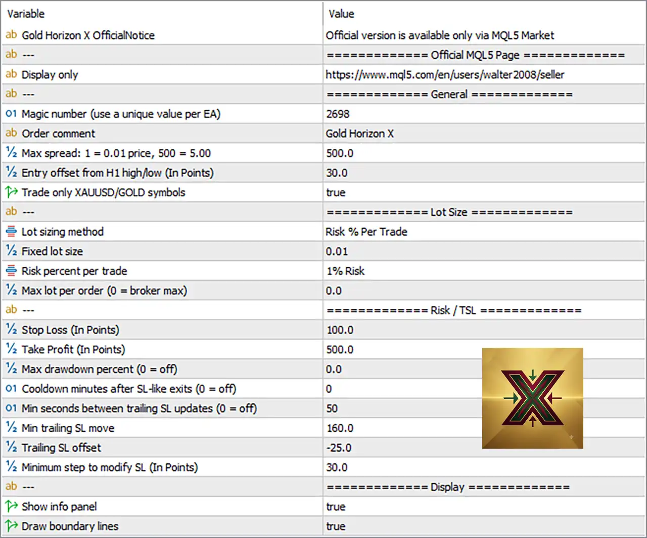Gold Horizon X EA MT5 Settings Panel