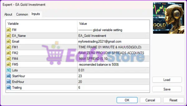 Gold Investment EA MT4 Settings Panel
