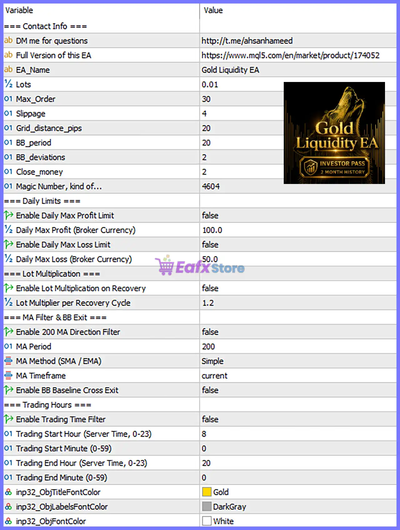 Gold Liquidity EA MT5 + SetFiles (Latest version) – GroupBuy 6 Gold Liquidity EA MT5 Settings Panel