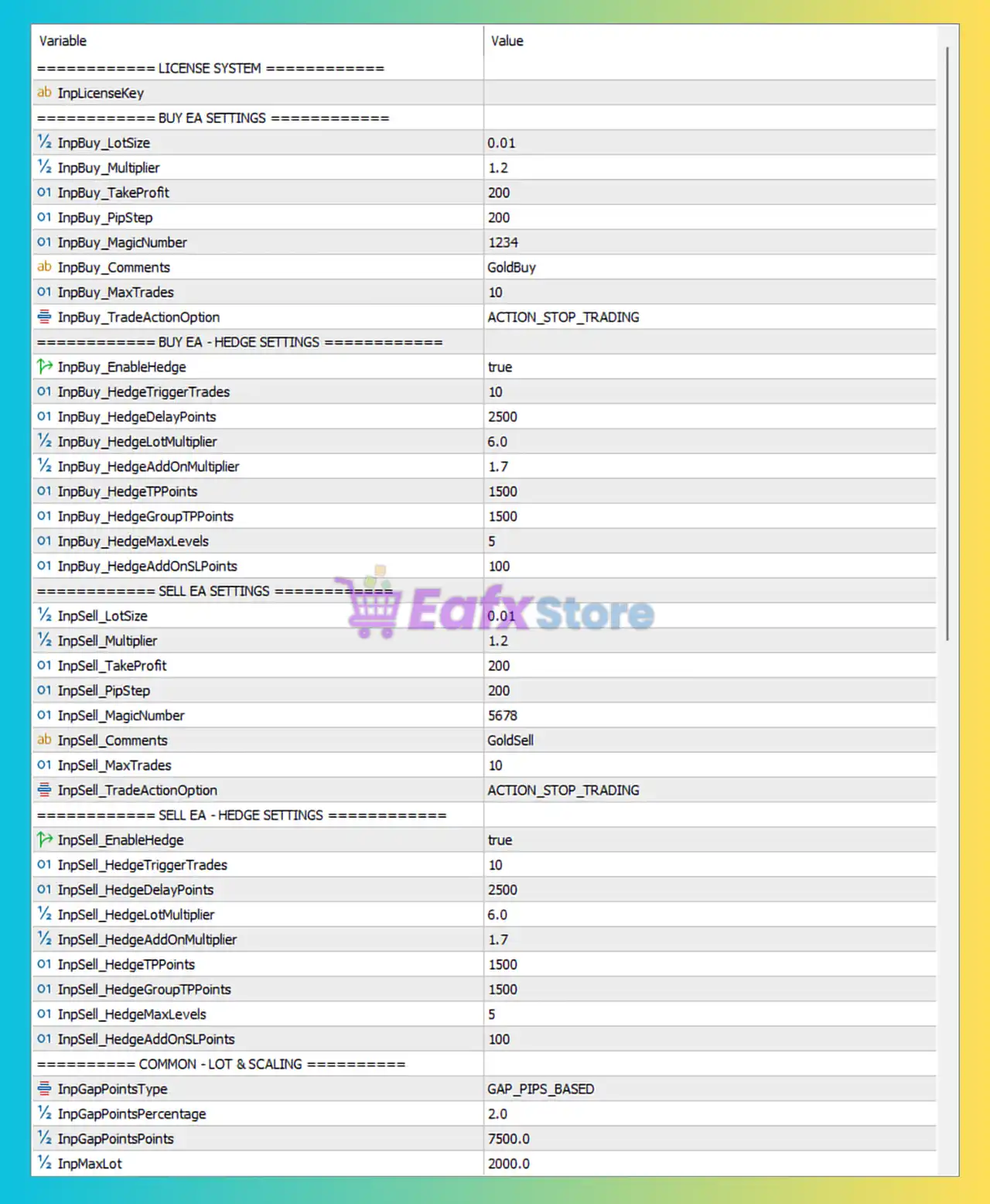 Gold Machine EA MT5 Settings Panel
