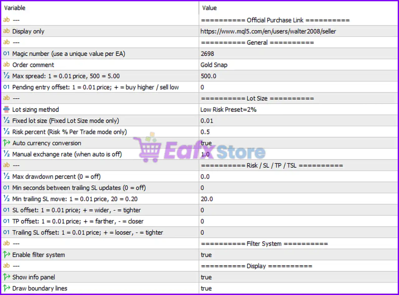 Gold Snap EA MT5 with SetFiles (Latest version) | Available 6 Gold Snap EA MT5 Settings Panel