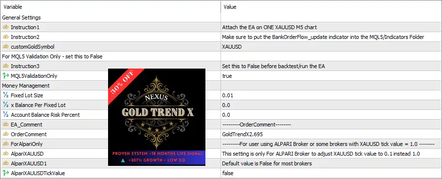 Gold Trend X EA MT5 Settings Panel
