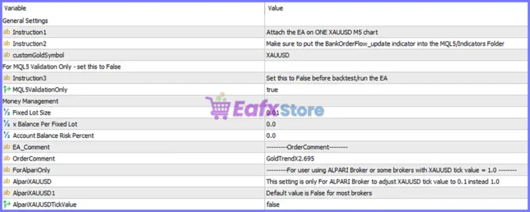 Gold Trend X MT5 Settings Panel