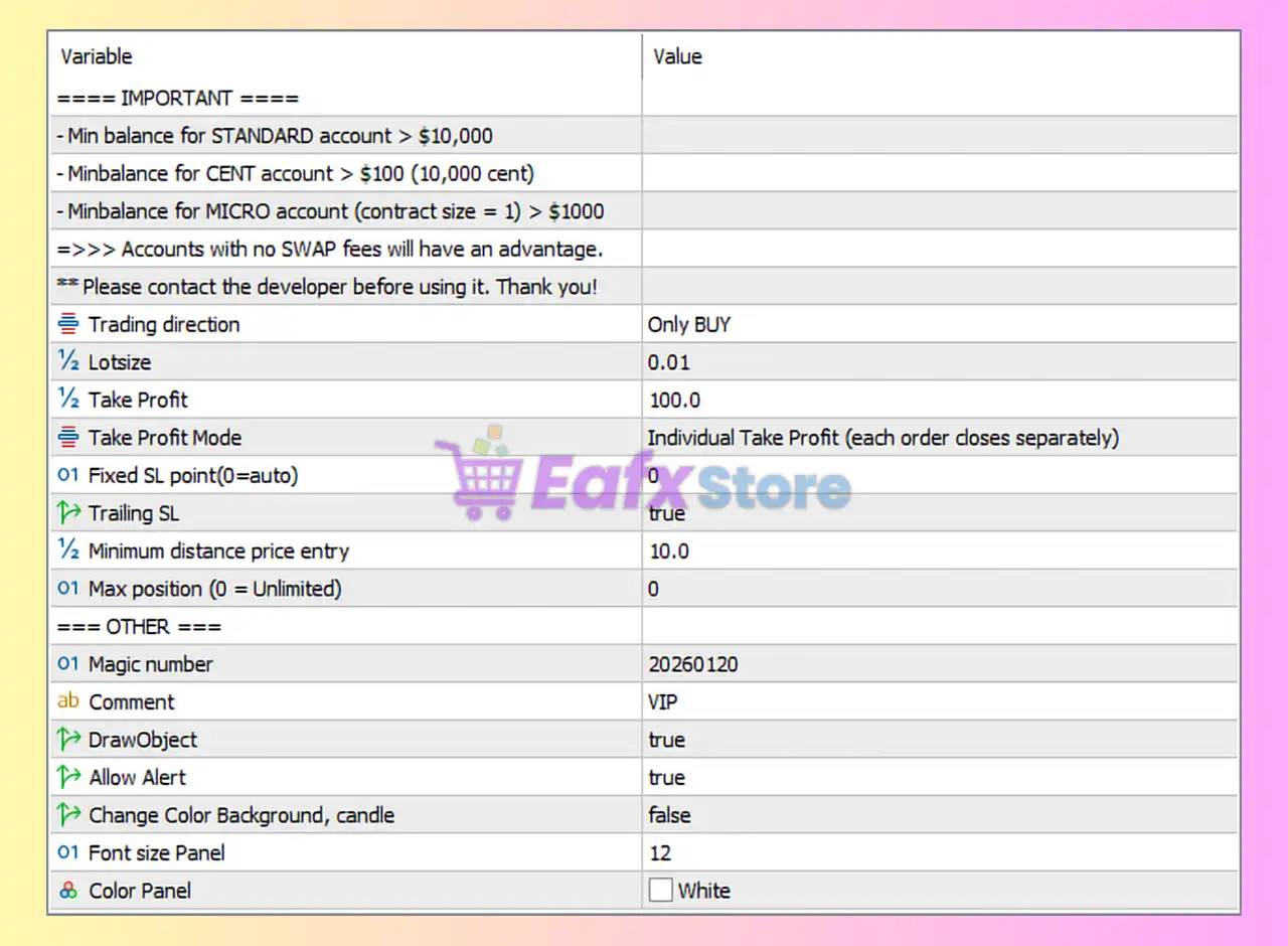 Gold VIP EA MT5 Settings Analysis 3 Gold VIP EA MT5 Settings Panel