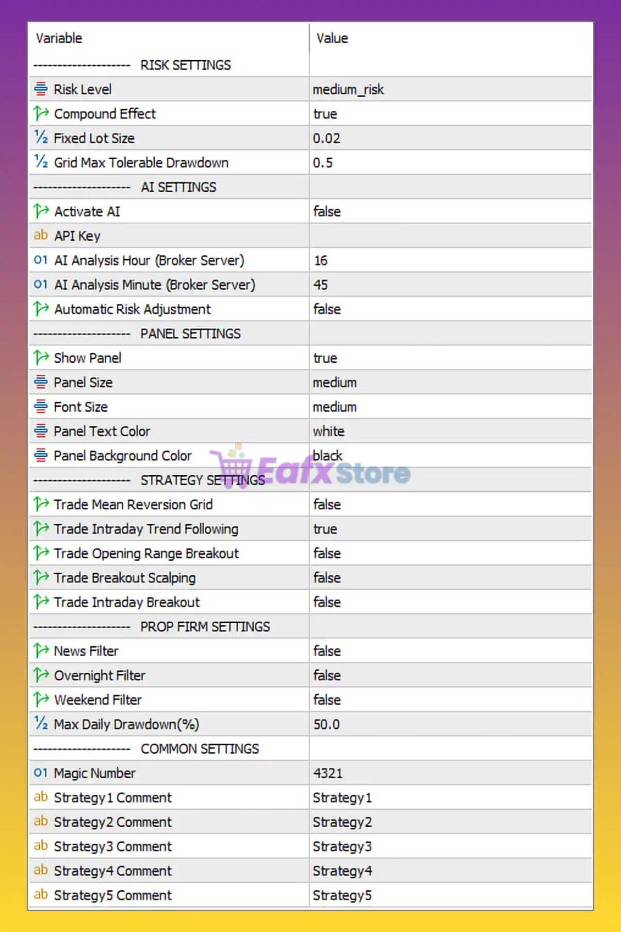 Gold Zilla AI MT5 Settings Panel