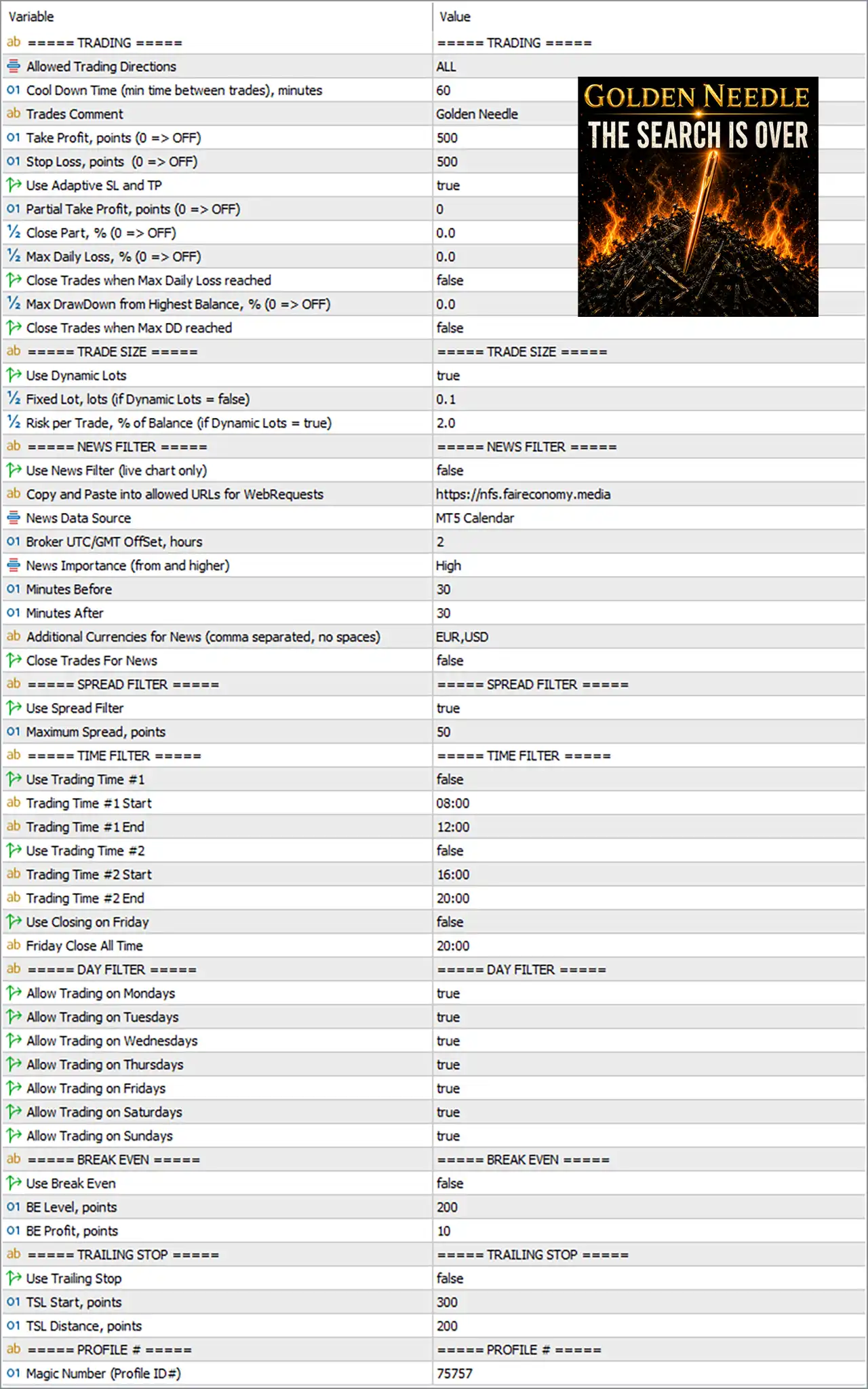 Golden Needle EA MT5 (Latest version) – GroupBuy 4 Golden Needle EA MT5 Settings Panel