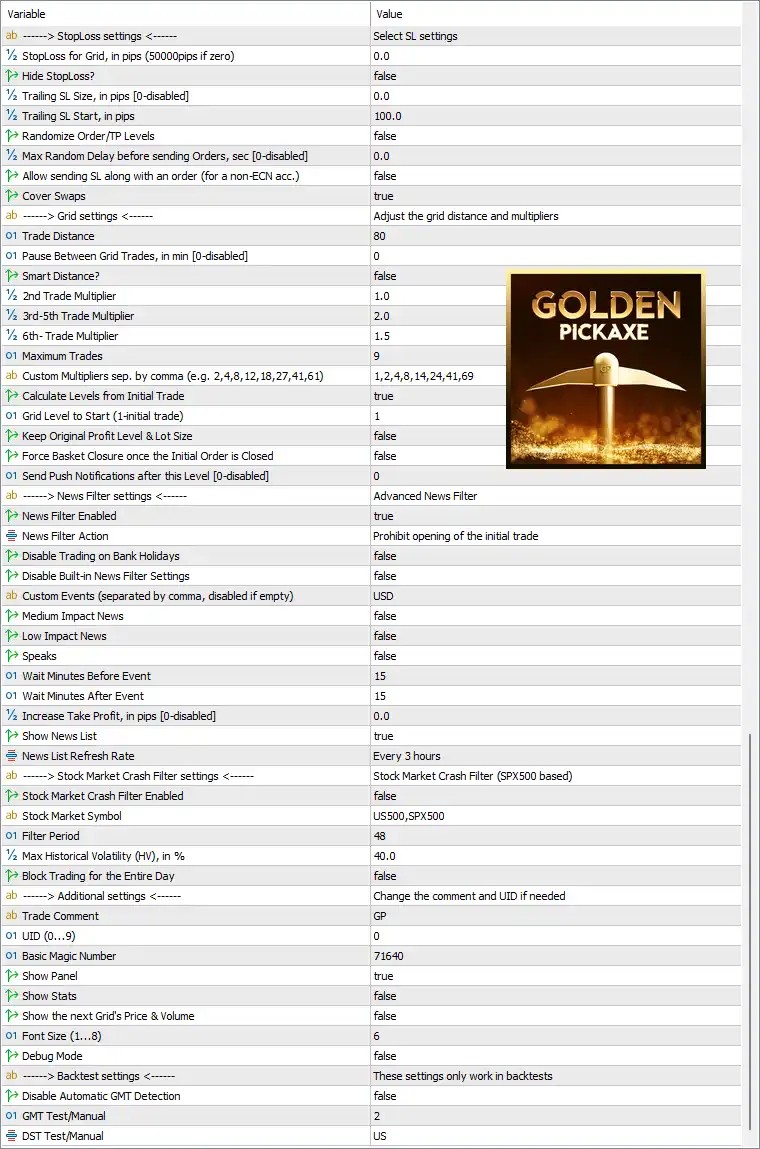 Golden Pickaxe MT5 EA Settings Panel
