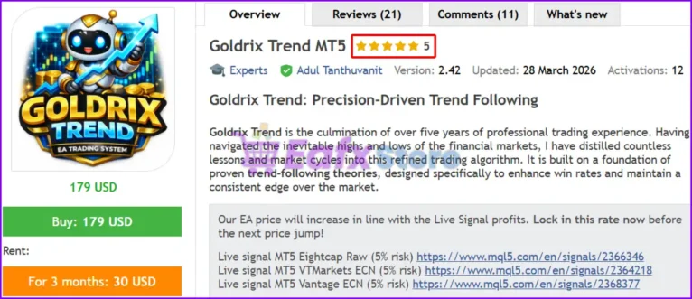 Goldrix Trend MT5 EA Review