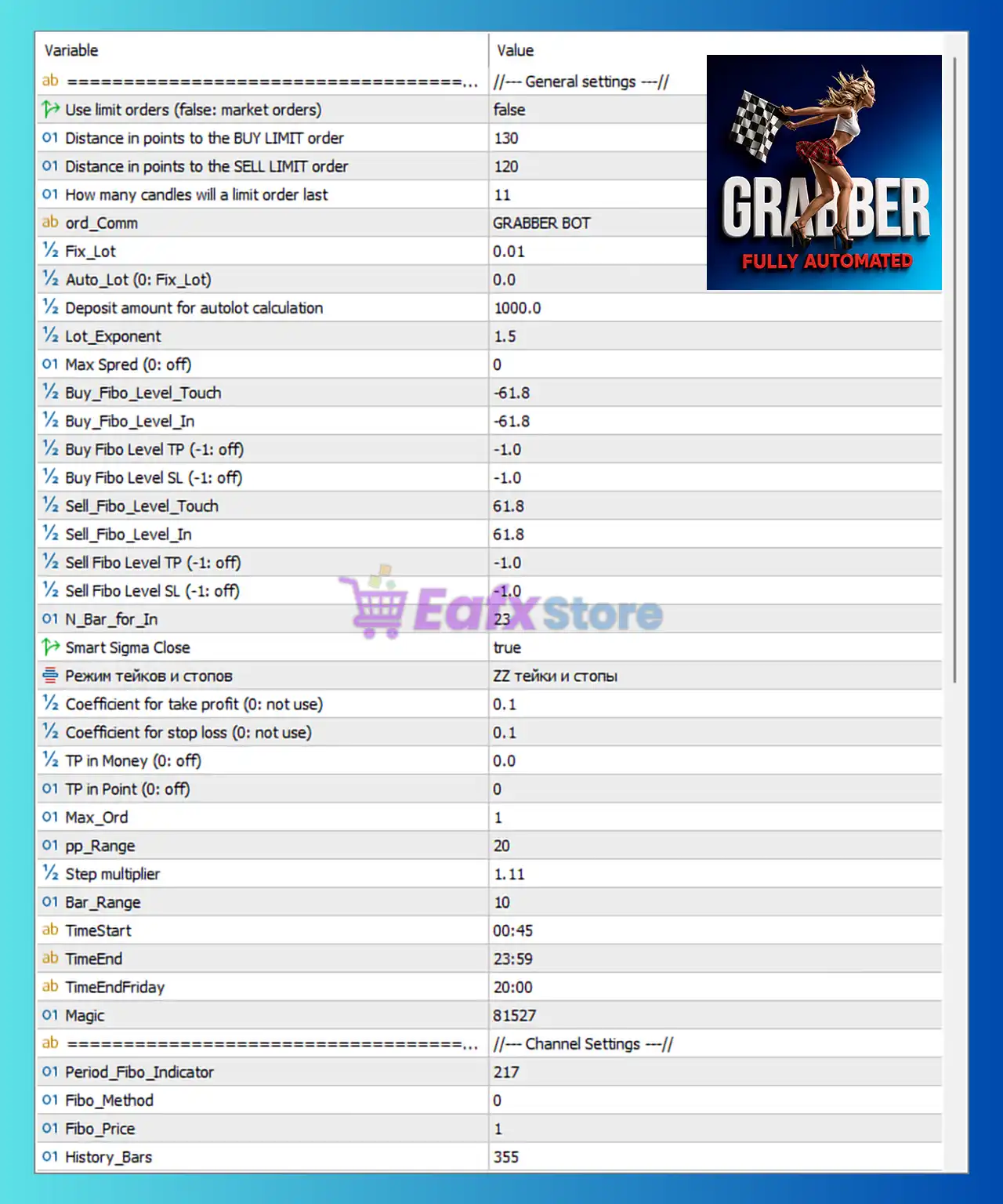 Grabber Bot MT5 Settings Panel