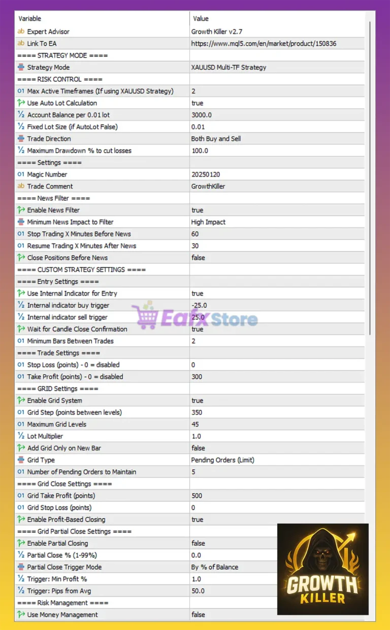 Growth Killer EA MT5 Settings Panel