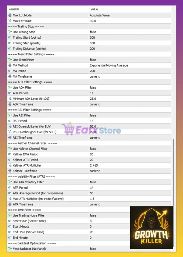 Growth Killer MT5 Settings Panel