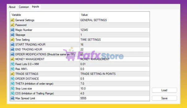 HFT Gold EA MT4 Settings Panel