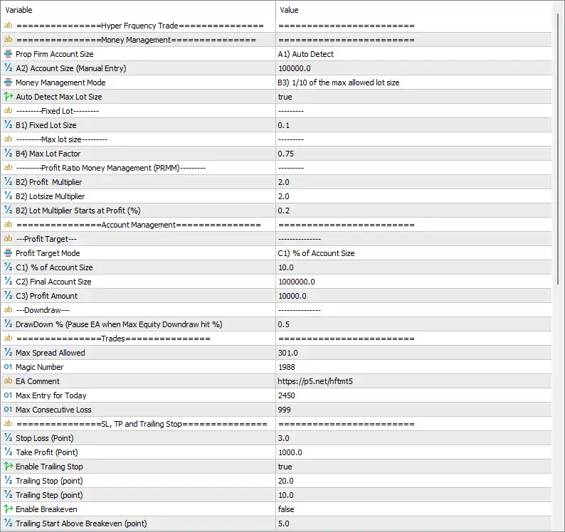 HFT PropFirm EA MT5 (Latest version) | Available 5 HFT PropFirm EA MT5 Settings Panel