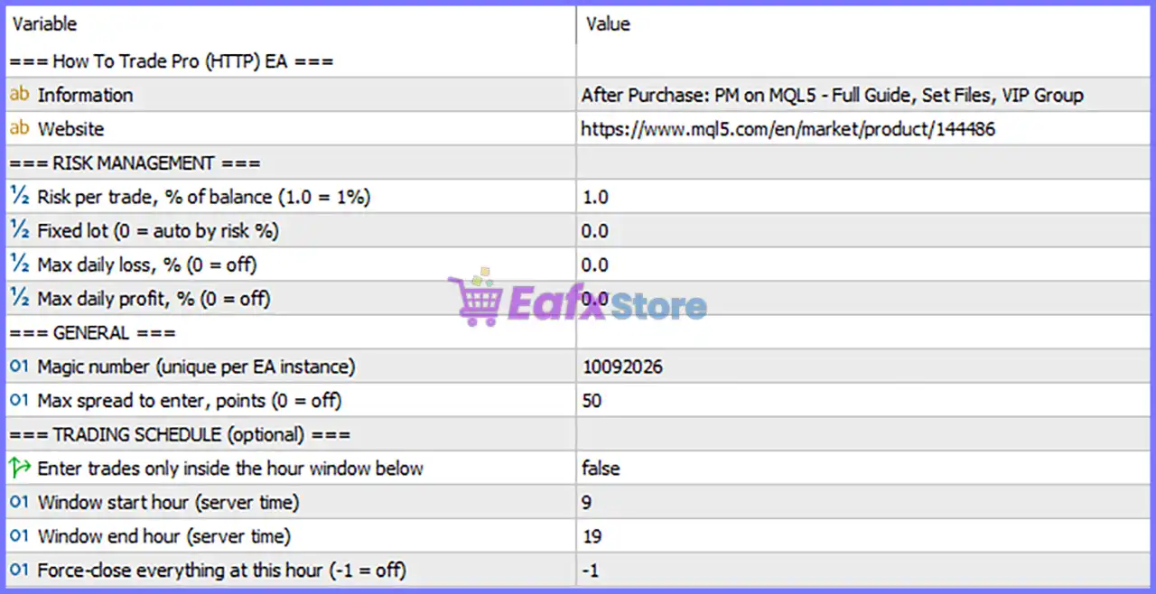 HTTP EA MT5 Settings Panel