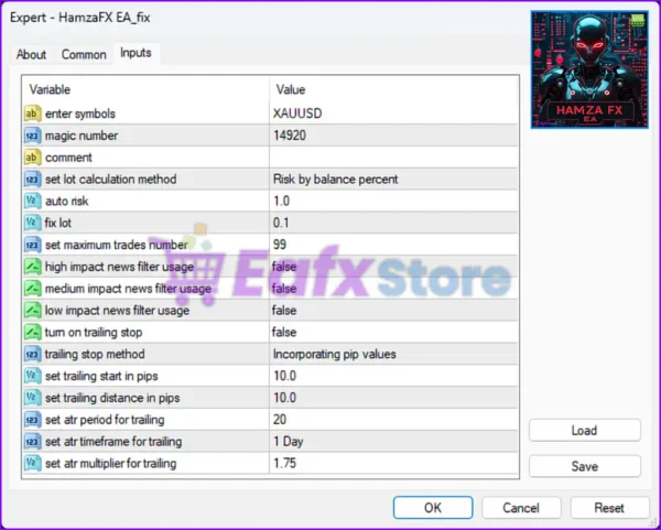 HamzaFX EA MT4 Settings Panel
