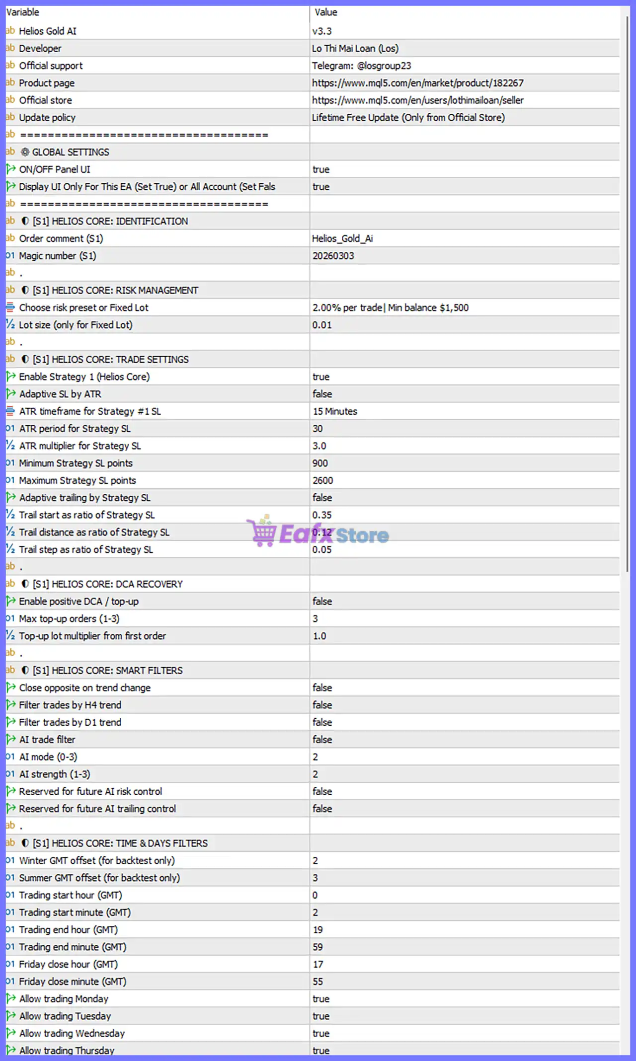 Helios Gold AI EA MT5 Settings Panel