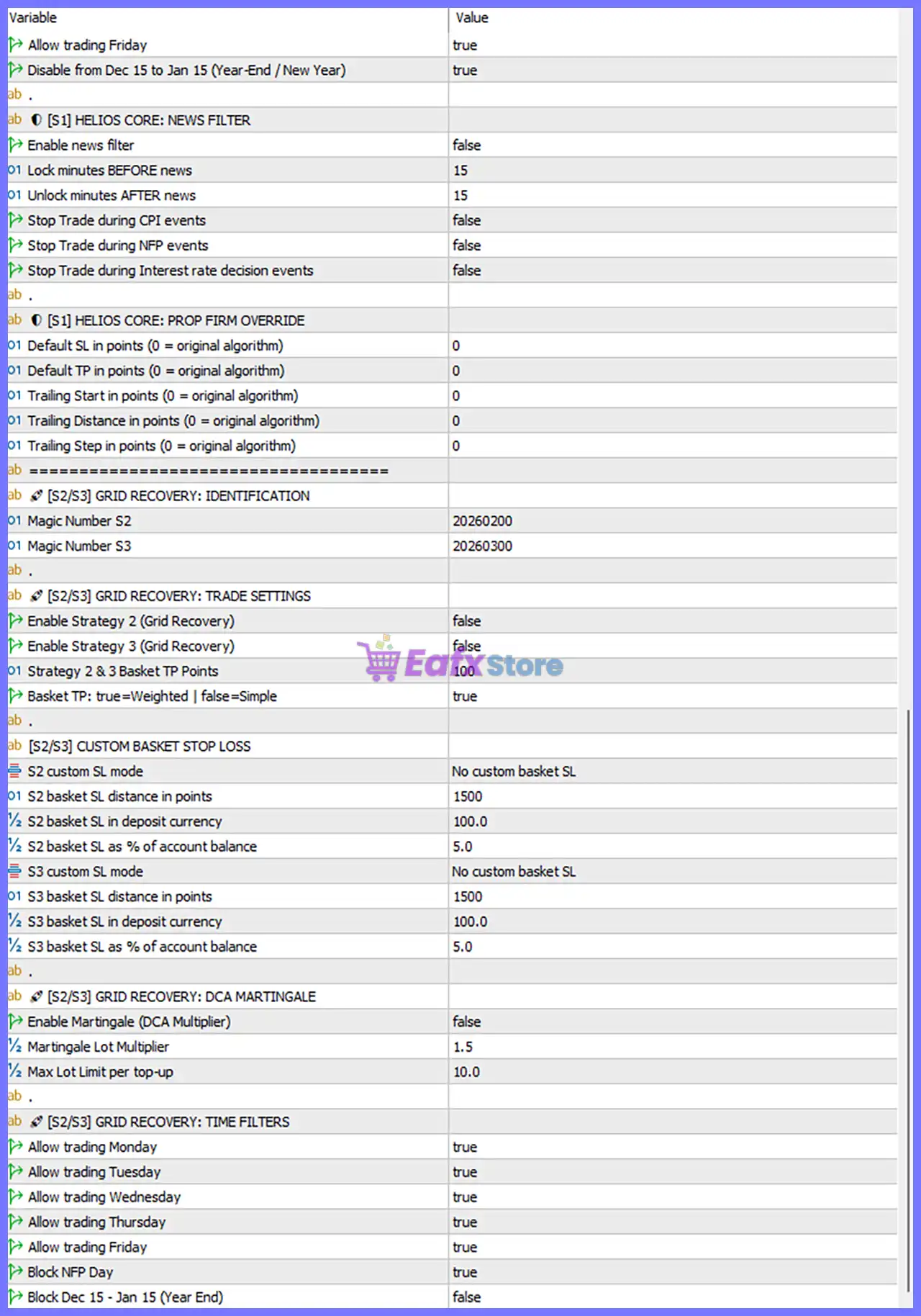 Helios Gold AI MT5 Settings Panel