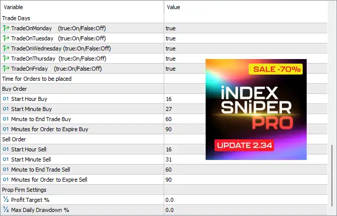 Index Sniper Pro MT5 + SetFiles (Latest version) – GroupBuy 7 Index Sniper Pro MT5 EA Settings Panel
