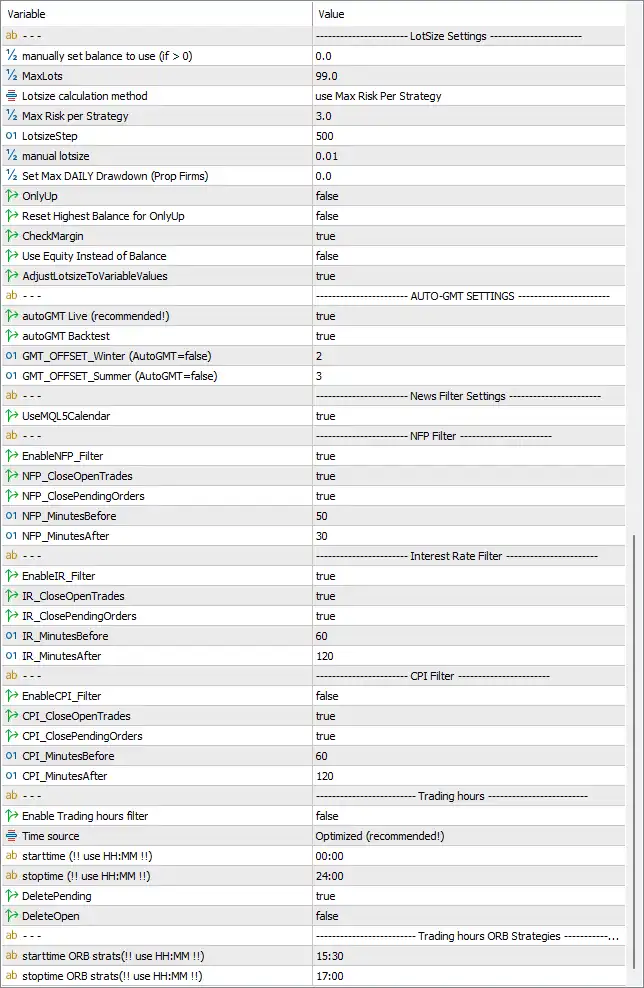 Indicement MT5 EA Settings Panel