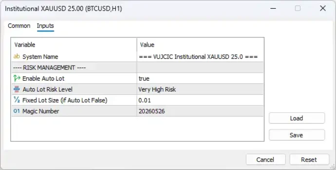 Institutional XAUUSD EA MT5 Settings Panel