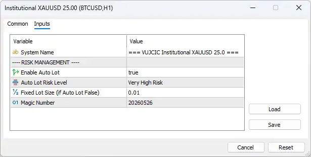 Institutional XAUUSD EA MT5 Settings Panel