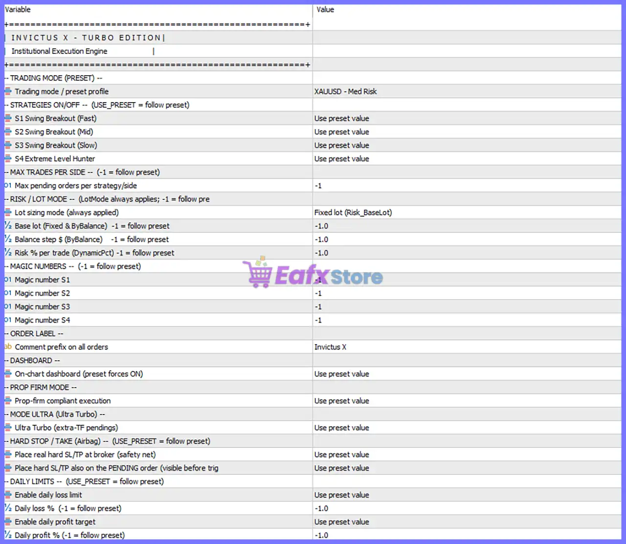 Invictus X EA Settings Panel