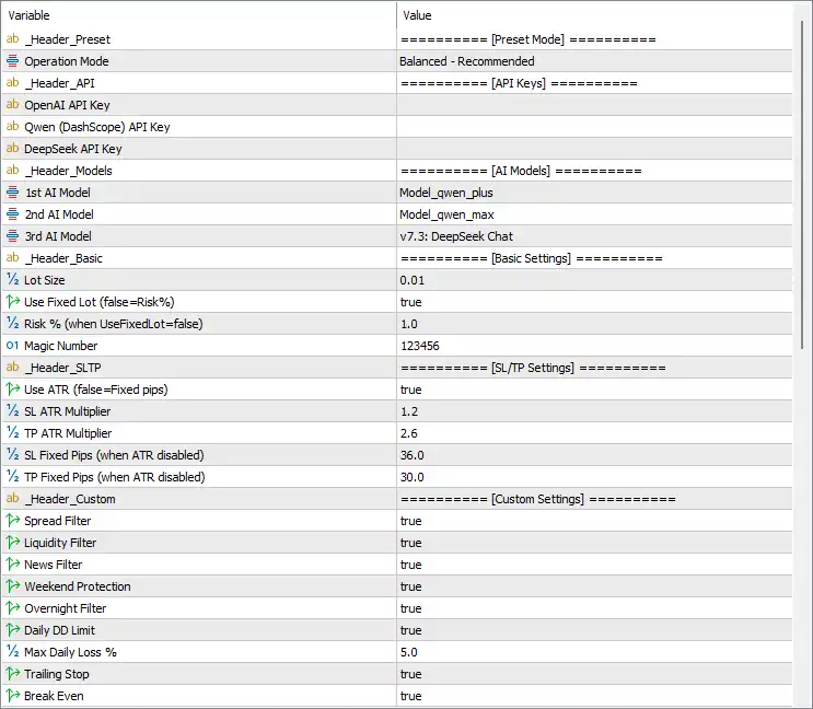 Japan AI Exo Scalp EA MT5 Settings Panel