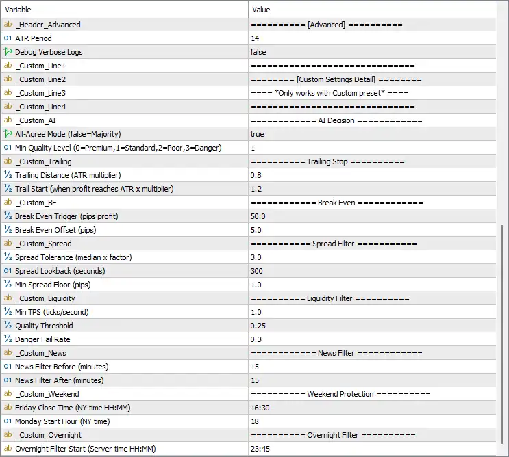 Japan AI Exo Scalp EA Settings Panel