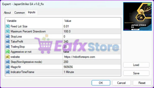 JapanStrike EA MT4 Settings Panel