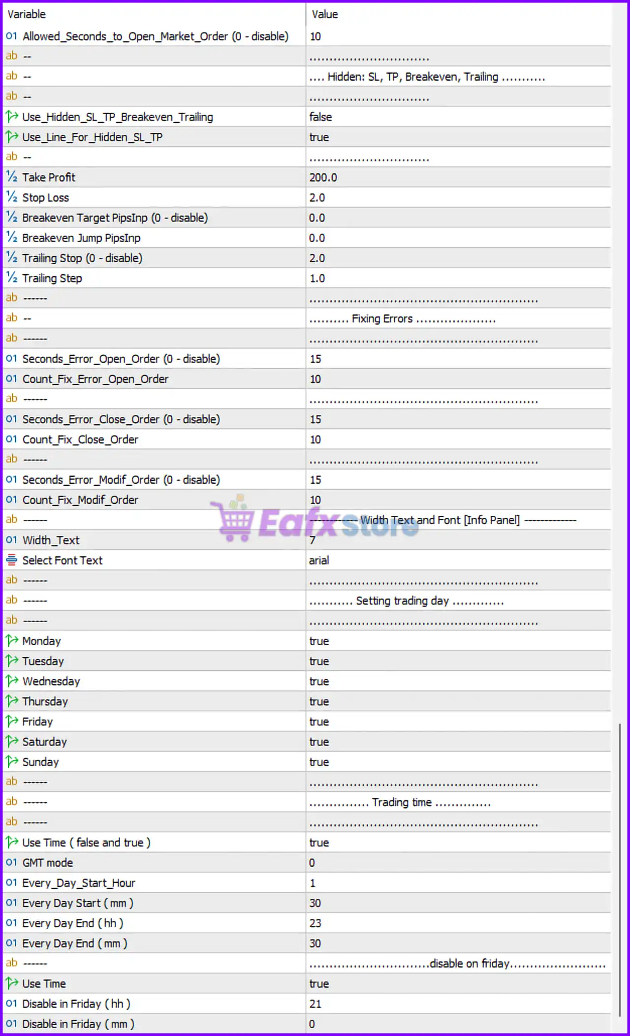 Legendary Scalper EA MT5 Settings Panel
