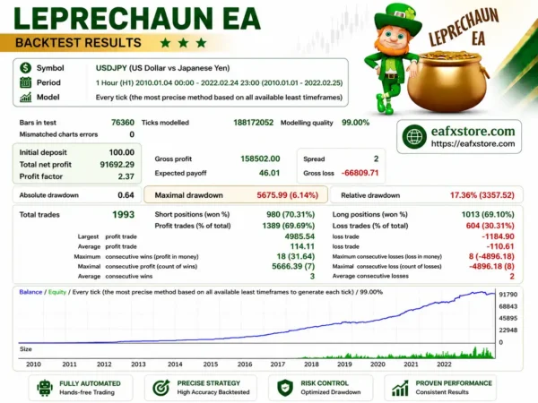 Leprechaun EA Backtest Results with USDJPY