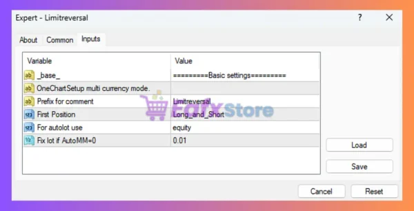 Limitreversal EA MT4 Settings Panel