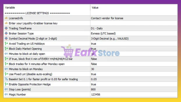 Liquidity Grabber Pro EA MT5 Settings Panel