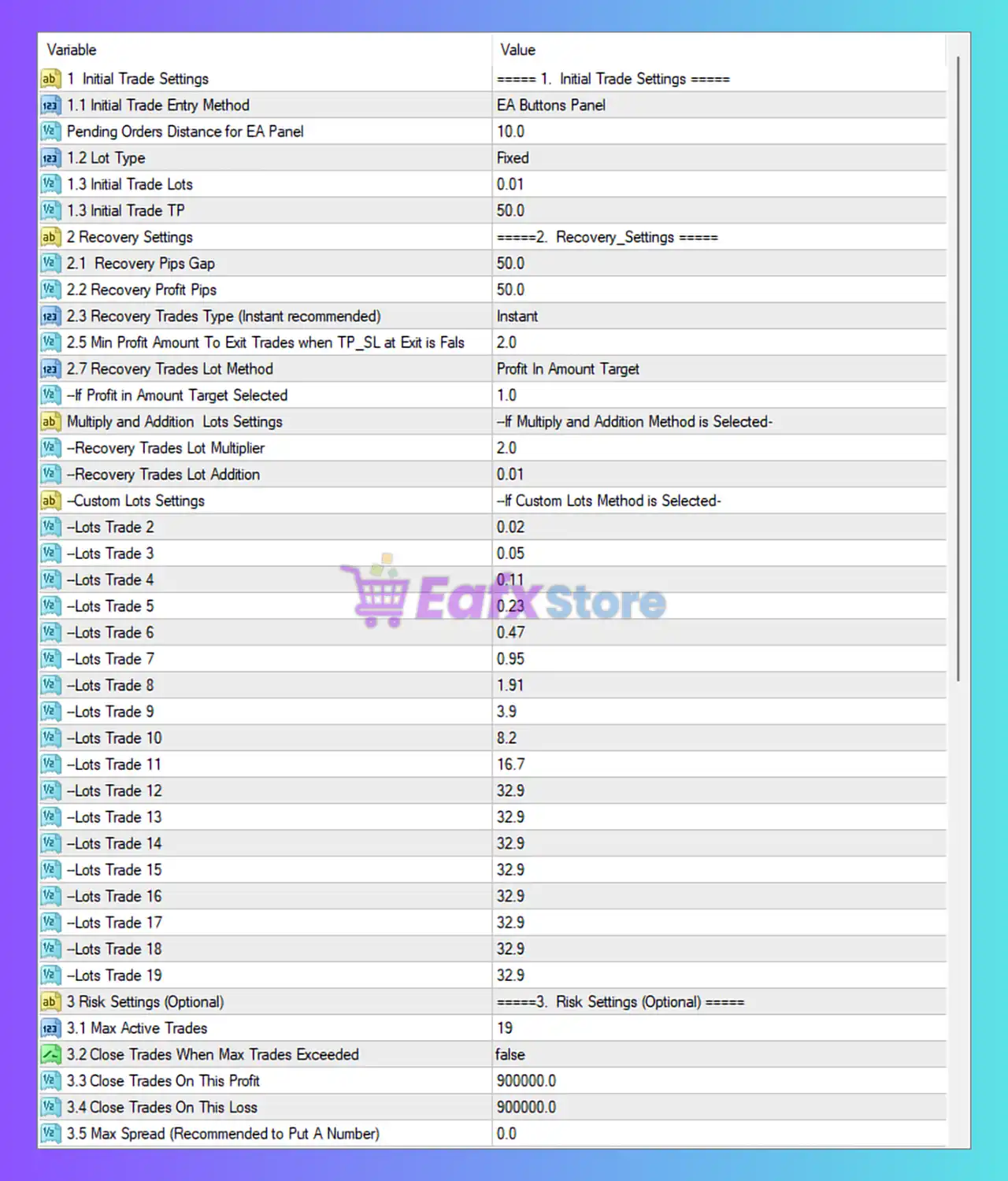 Loss Recovery Trader MT4 Settings Analysis & Full Review 3 Loss Recovery Trader MT4 Settings Panel