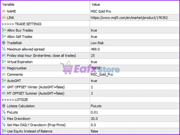 MSC Gold Pro EA MT5 Settings Panel