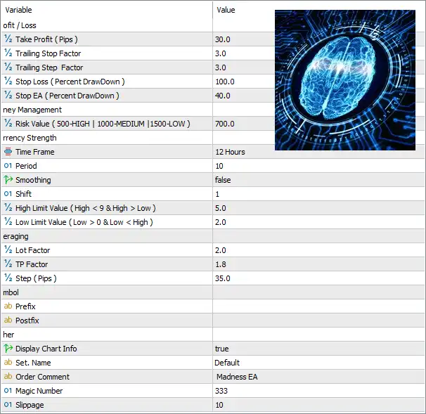 Madness EA MT5 (Latest version) – GroupBuy 5 Madness EA MT5 Settings Panel