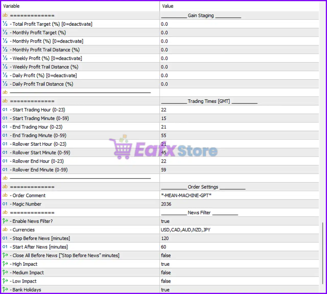 Mean Machine EA MT5 (Latest version) – GroupBuy 7 Mean Machine EA Settings Panel