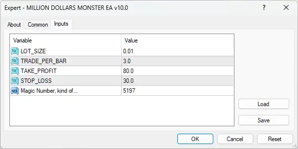 Million Dollar Monster EA MT4 with SetFiles (Build 1476+) 4 Million Dollar Monster EA MT4 Settings Panel