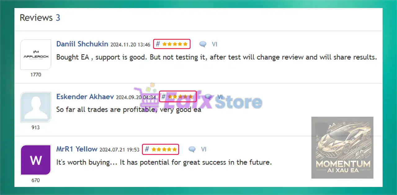 Momentum AI XAU EA MT5 (Latest version) – GroupBuy 6 Momentum AI XAU EA is rated 5 stars by users