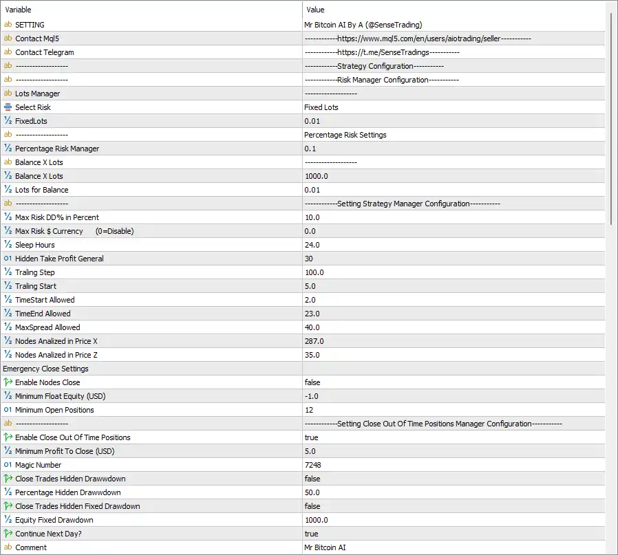 Mr Bitcoin AI EA MT5 Settings Panel