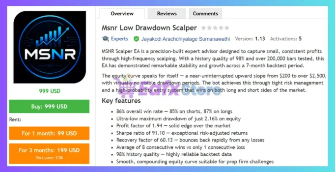 Msnr Low Drawdown Scalper EA MT5 Review