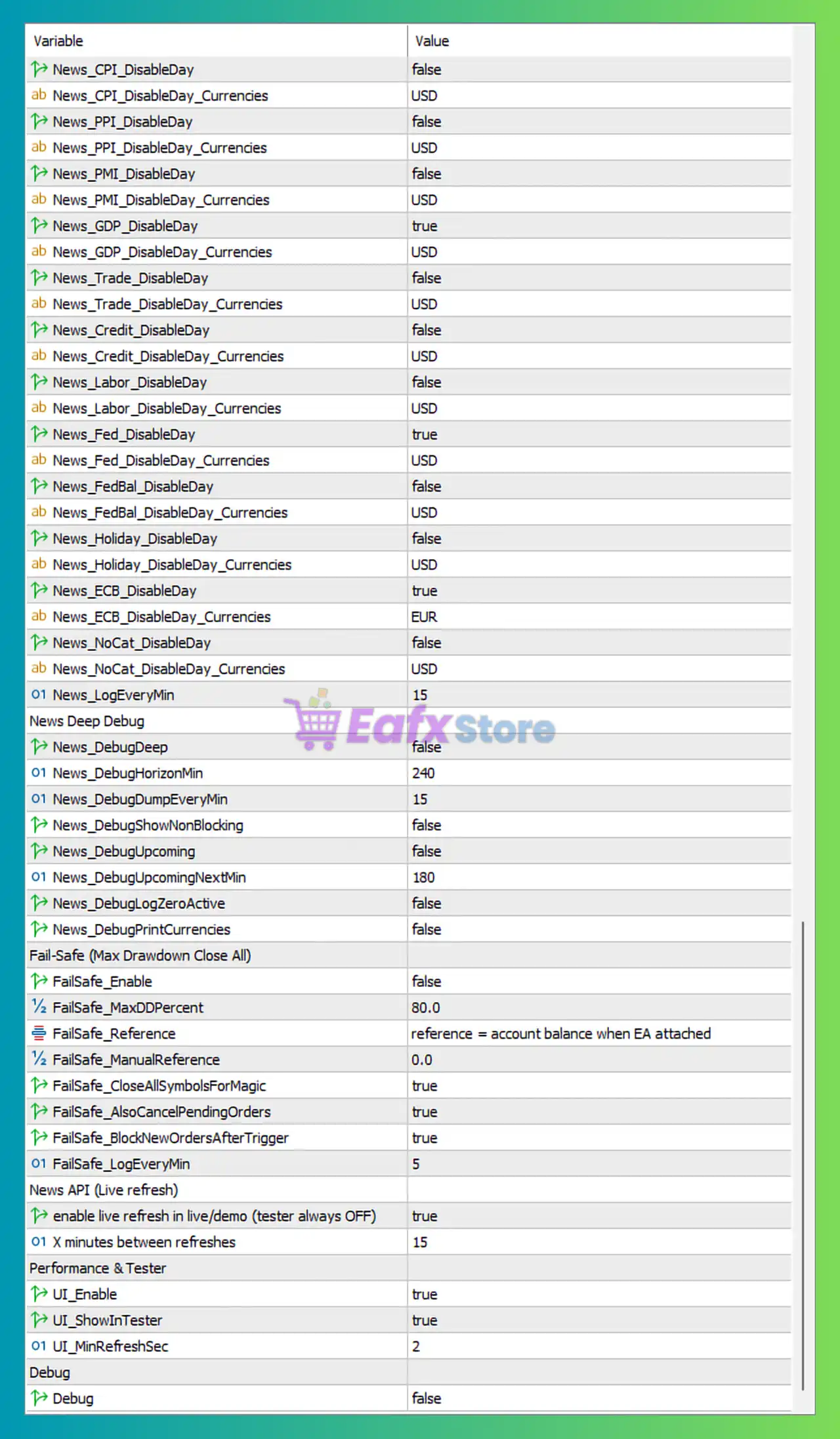 Nexa Aurum EA Settings Panel