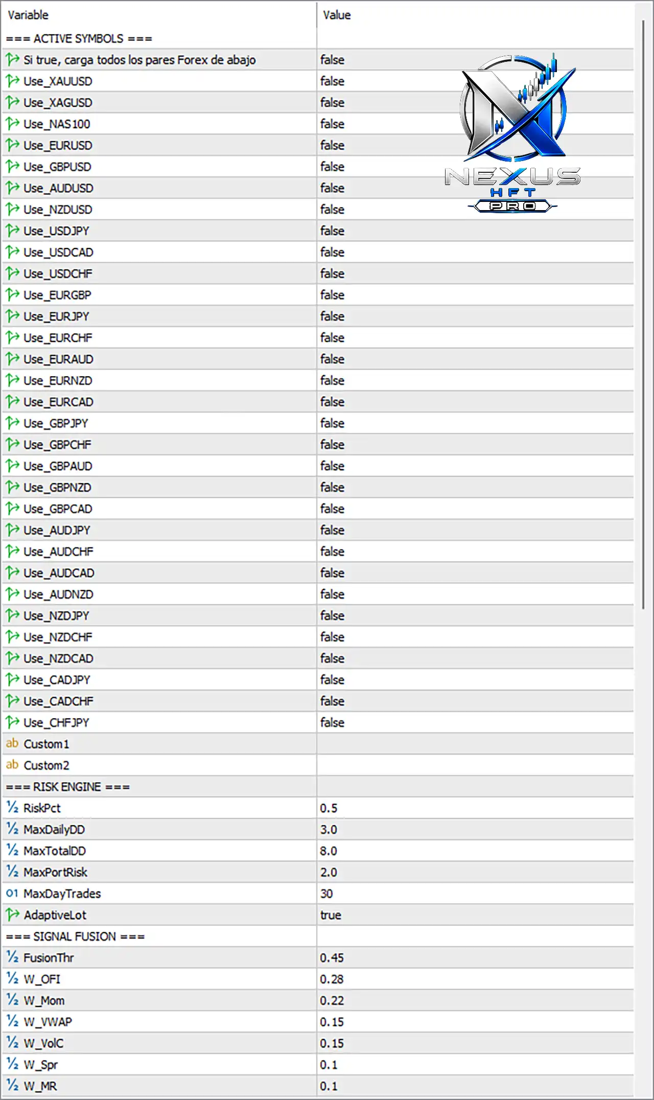 Nexus HFT Pro EA MT5 Settings Panel
