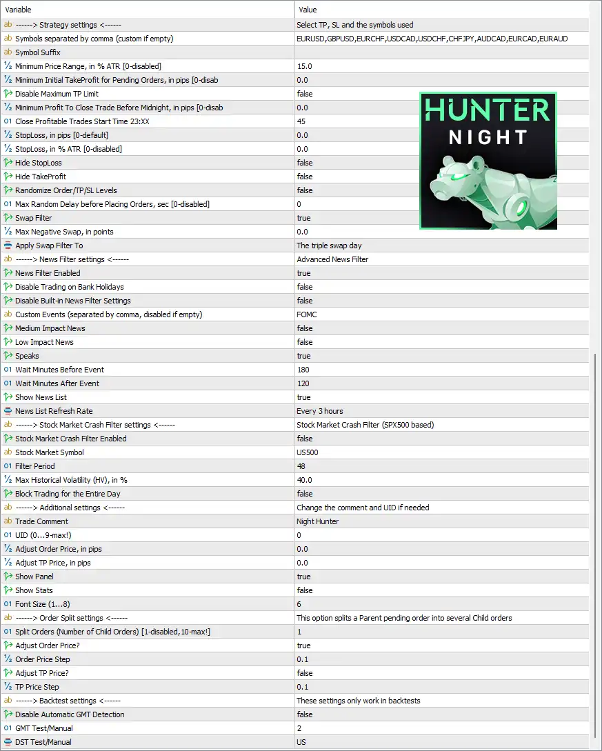 Night Hunter Pro MT5 (Latest version) – GroupBuy 9 Night Hunter Pro MT5 EA Settings Panel