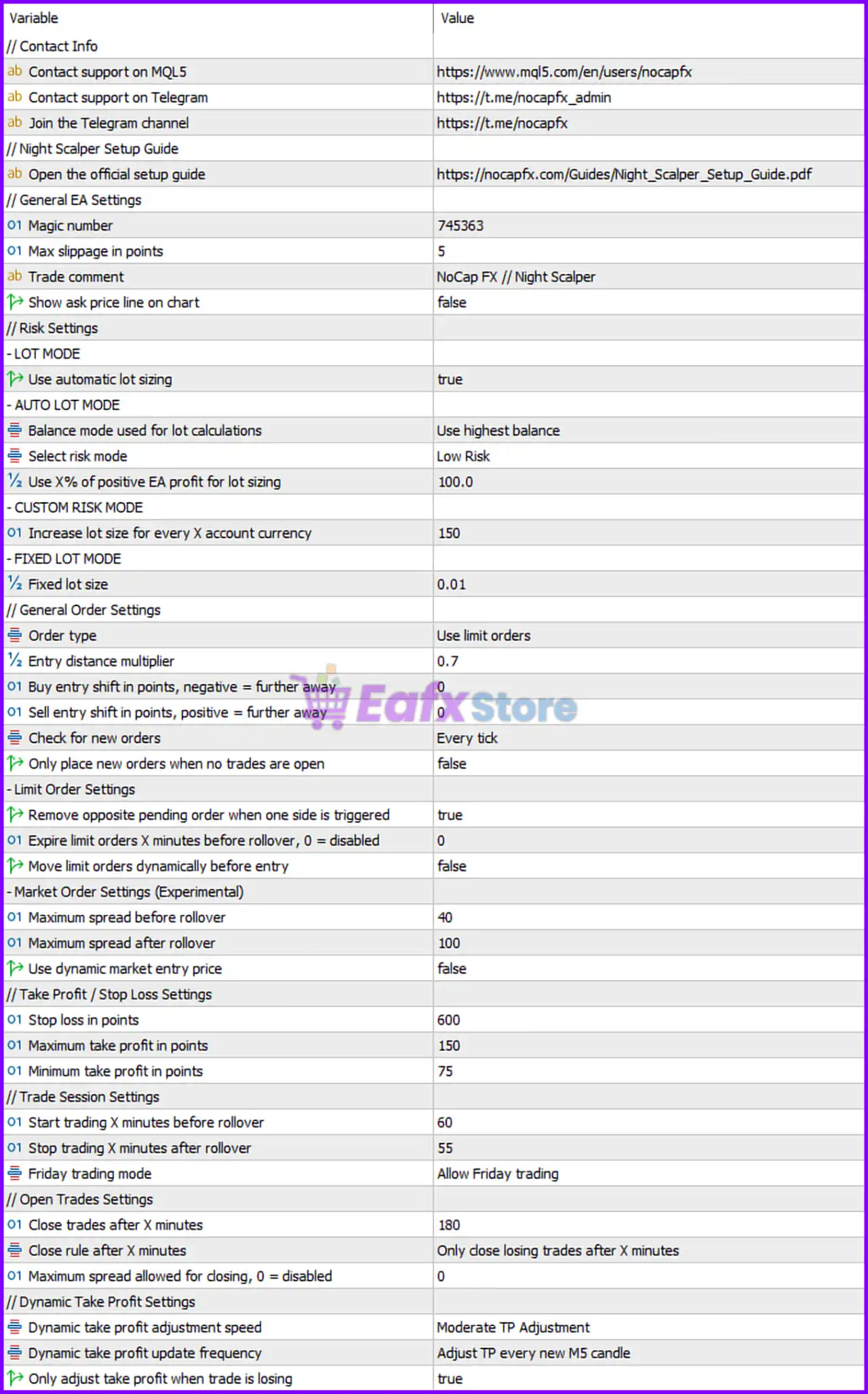 Night Scalper by NoCap FX MT5 (Latest version) – GroupBuy 8 Night Scalper by NoCap FX MT5 Setting Panel