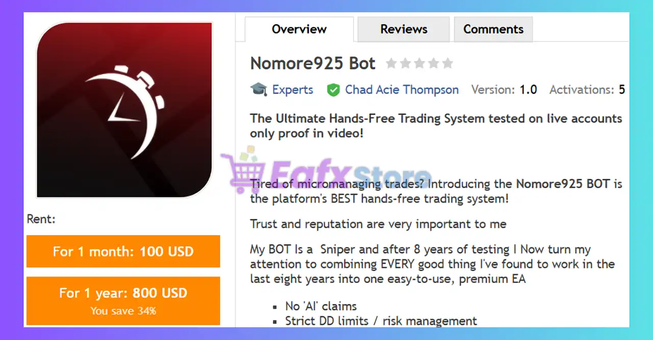 Nomore925 Bot MT4 with SetFiles (Latest version) - Unlimited 2 Nomore925 Bot MT4 Review