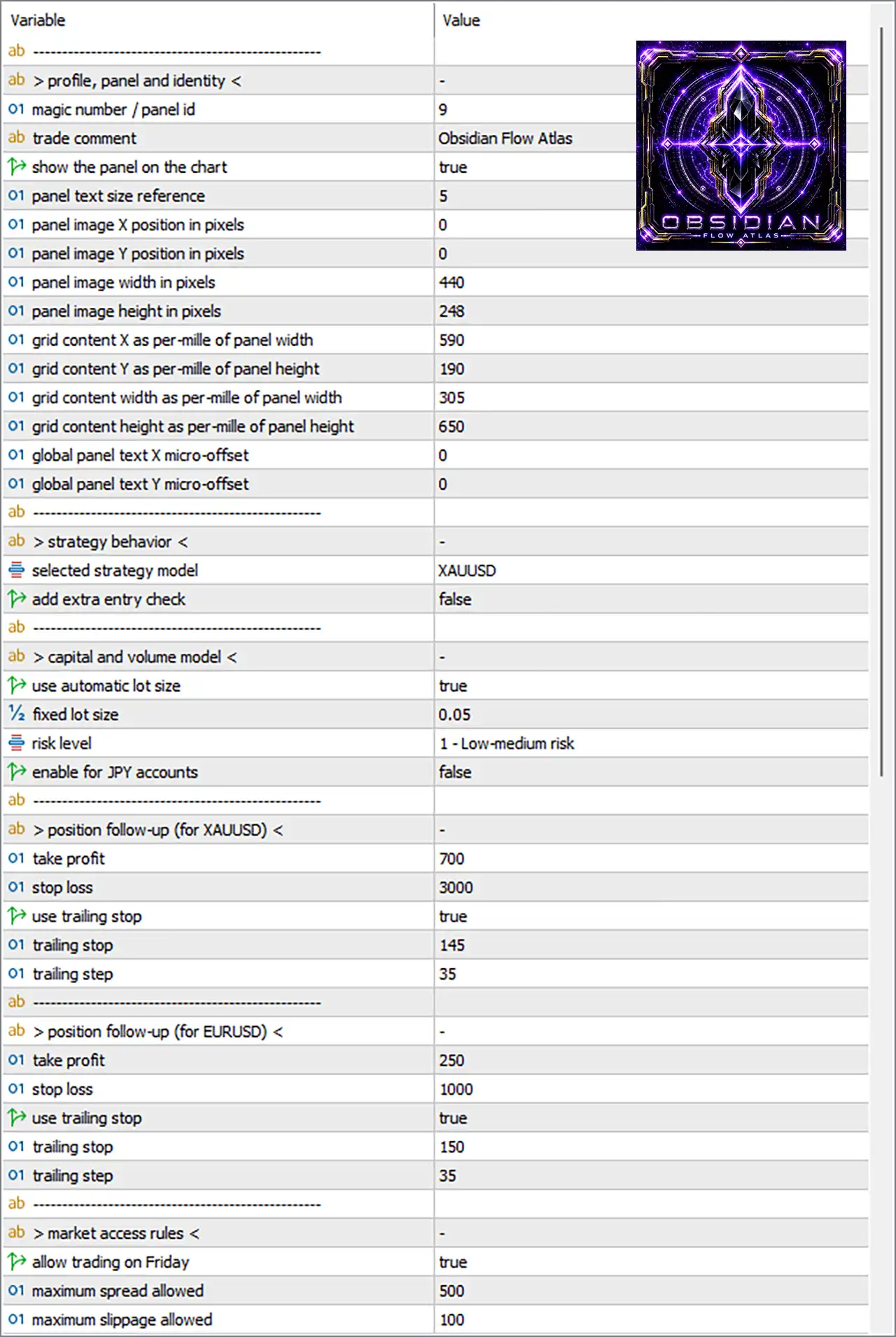 Obsidian Flow Atlas EA MT5 Setting Panel